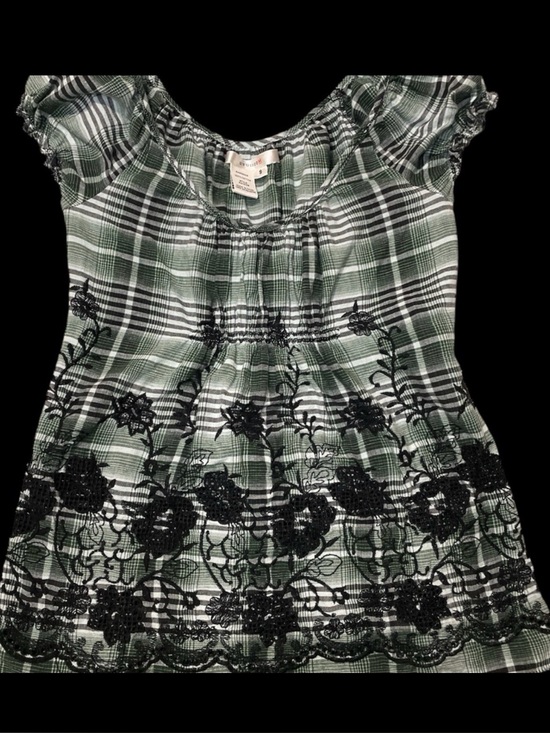 Studio M Tops - Studio M Green Plaid Dress with Black Floral embroidered